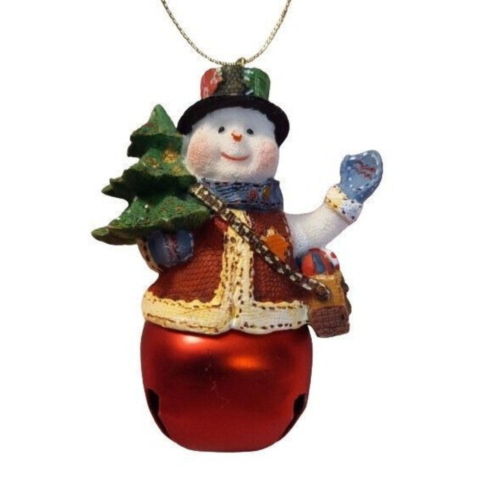 Snowman Bell Christmas Ornament Tree Gift Basket Resin Metal Hanging Vintage